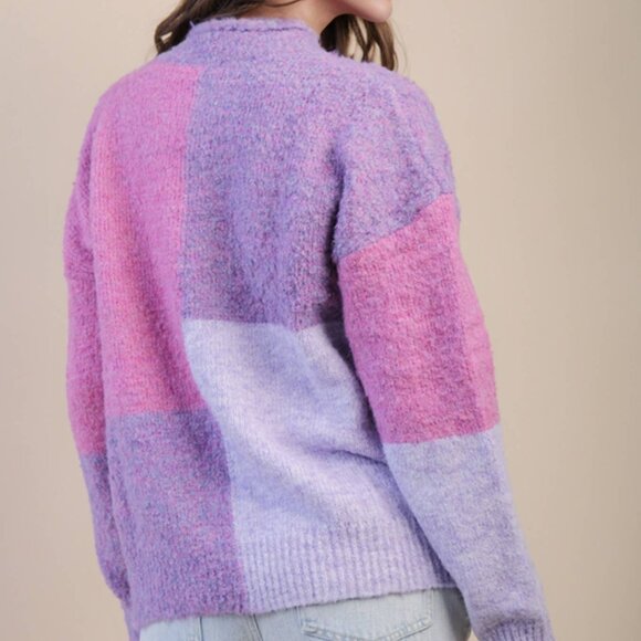 Very J ECO Oversized Purple Color Block Cozy Knit Sweater Top - Picture 5 of 7